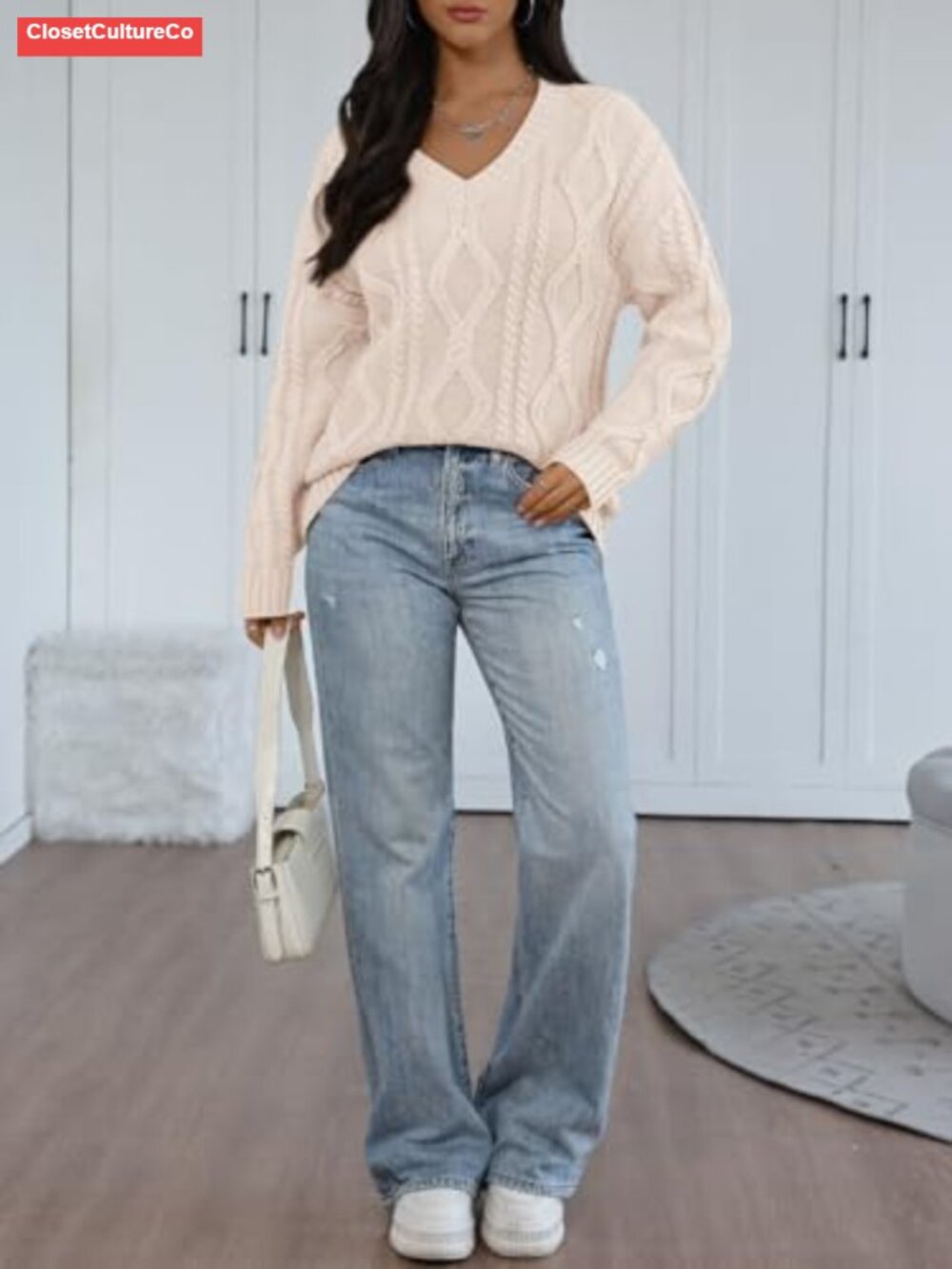 Womens V Neck Cable Knit Oversized Pullover Sweater Cotton Acrylic - Picture 5 of 5